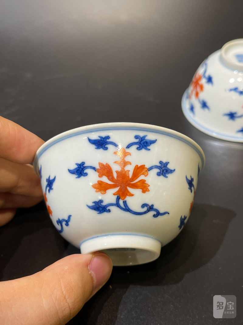 清道光 青花矾红宝相花纹茶圆一对 - 图12